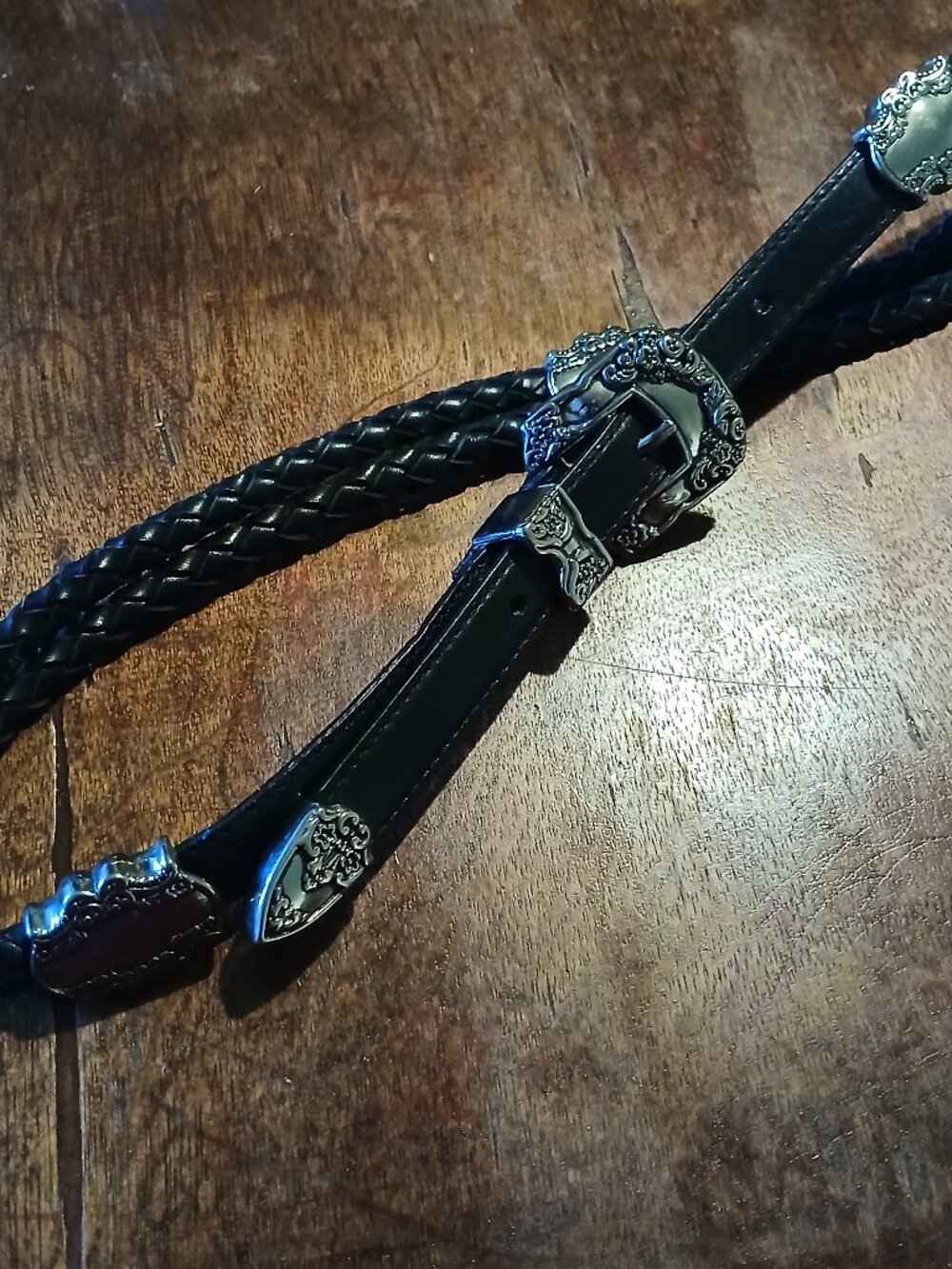Vintage Woolrich Black Leather Braided Western Belt with Silver Conchos